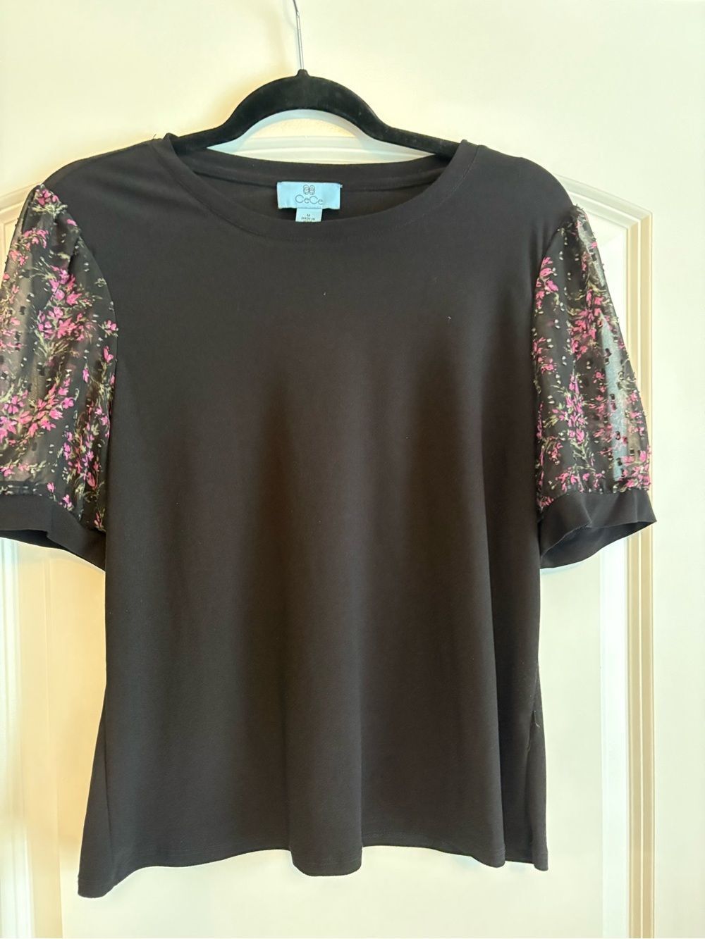 C&C California Black Tee with Pink Floral Puff Sleeves